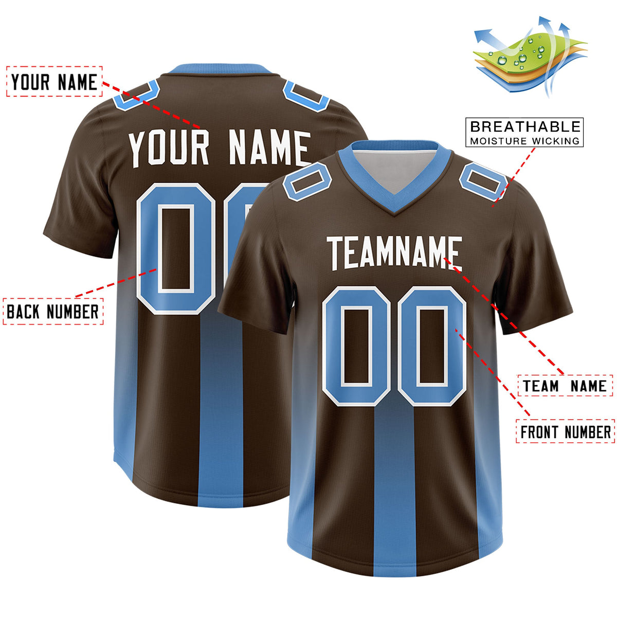 Custom Brown Powder Blue Vertical Width Stripe Gradient Fashion Personalized Team American Football Jersey