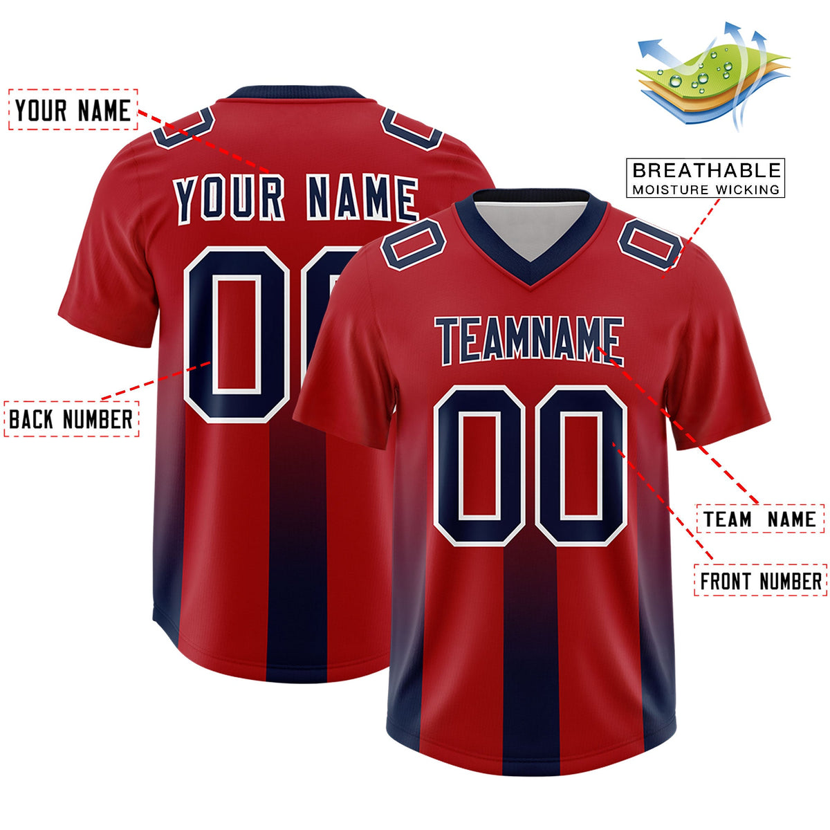 Custom Red Navy Vertical Width Stripe Gradient Fashion Personalized Team American Football Jersey