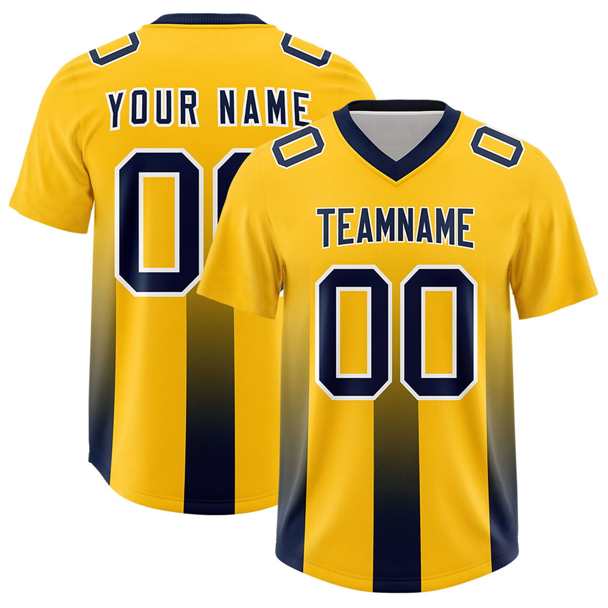 Custom Yellow Navy Vertical Width Stripe Gradient Fashion Personalized Team American Football Jersey