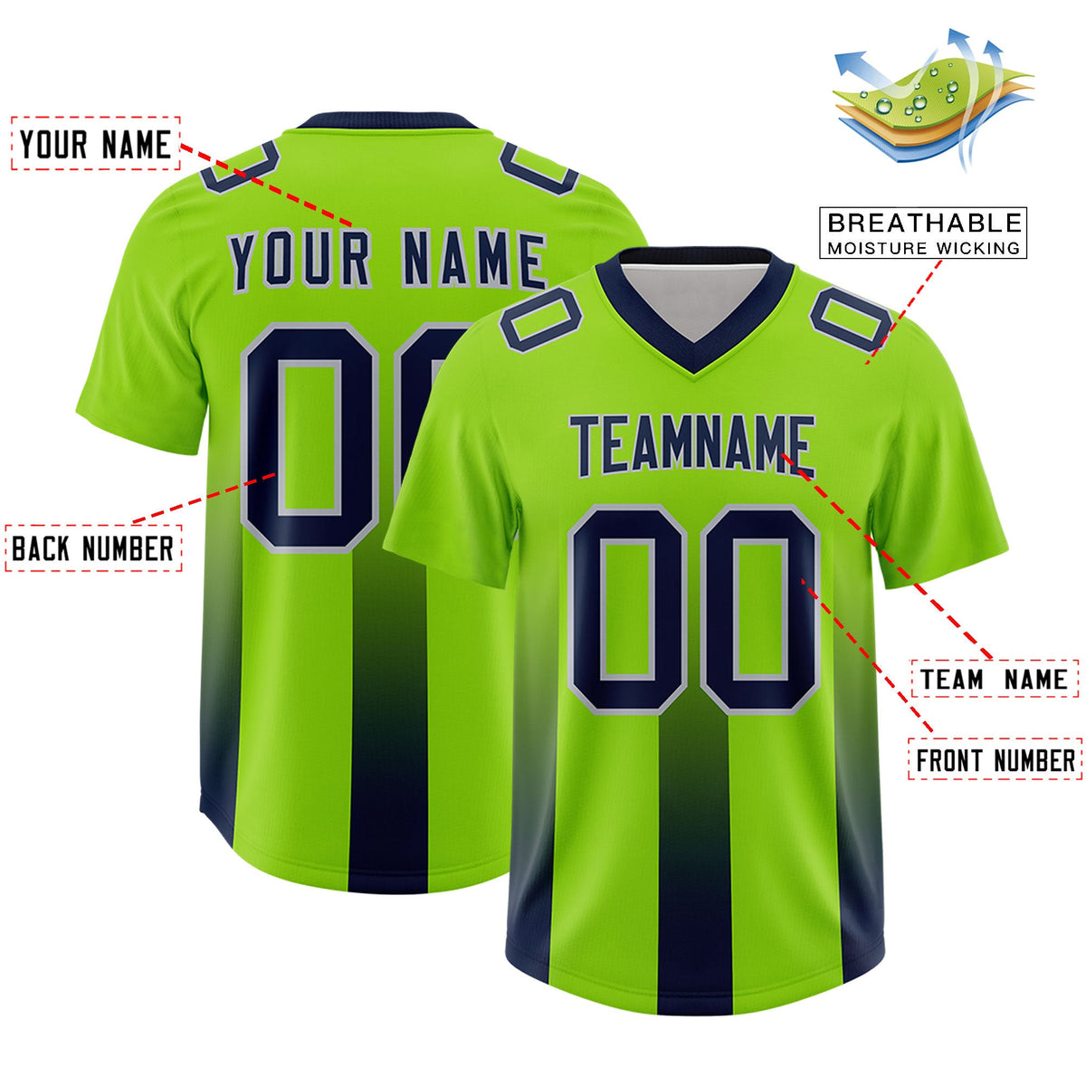 Custom Neon Green Navy Vertical Width Stripe Gradient Fashion Personalized Team American Football Jersey