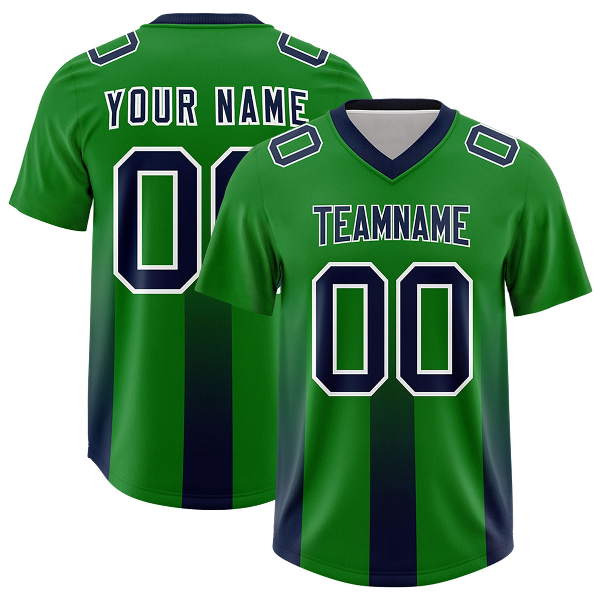 Custom Kelly Green Navy Vertical Width Stripe Gradient Fashion Personalized Team American Football Jersey