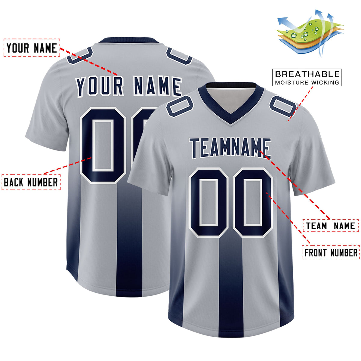 Custom Gray Navy Vertical Width Stripe Gradient Fashion Personalized Team American Football Jersey