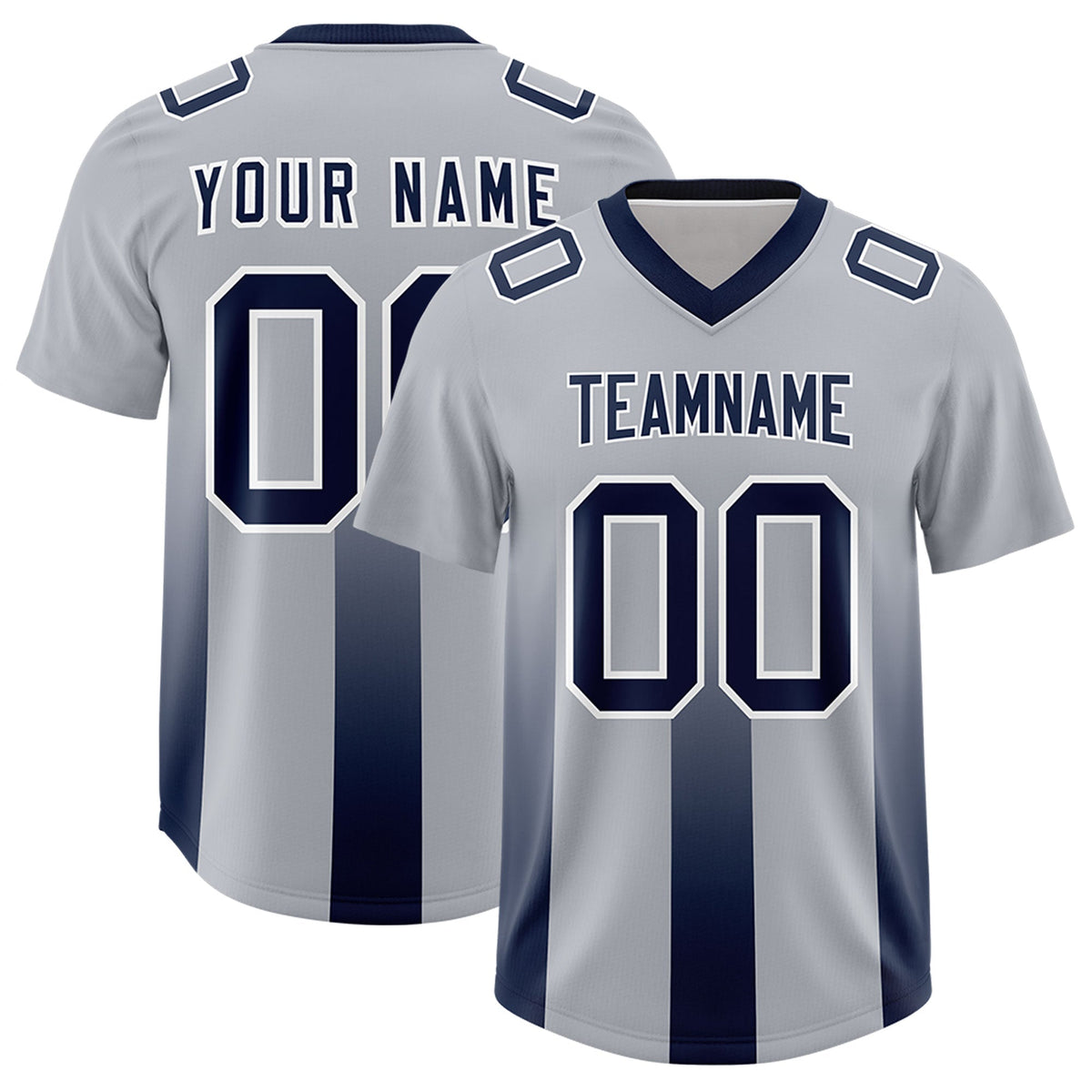 Custom Gray Navy Vertical Width Stripe Gradient Fashion Personalized Team American Football Jersey