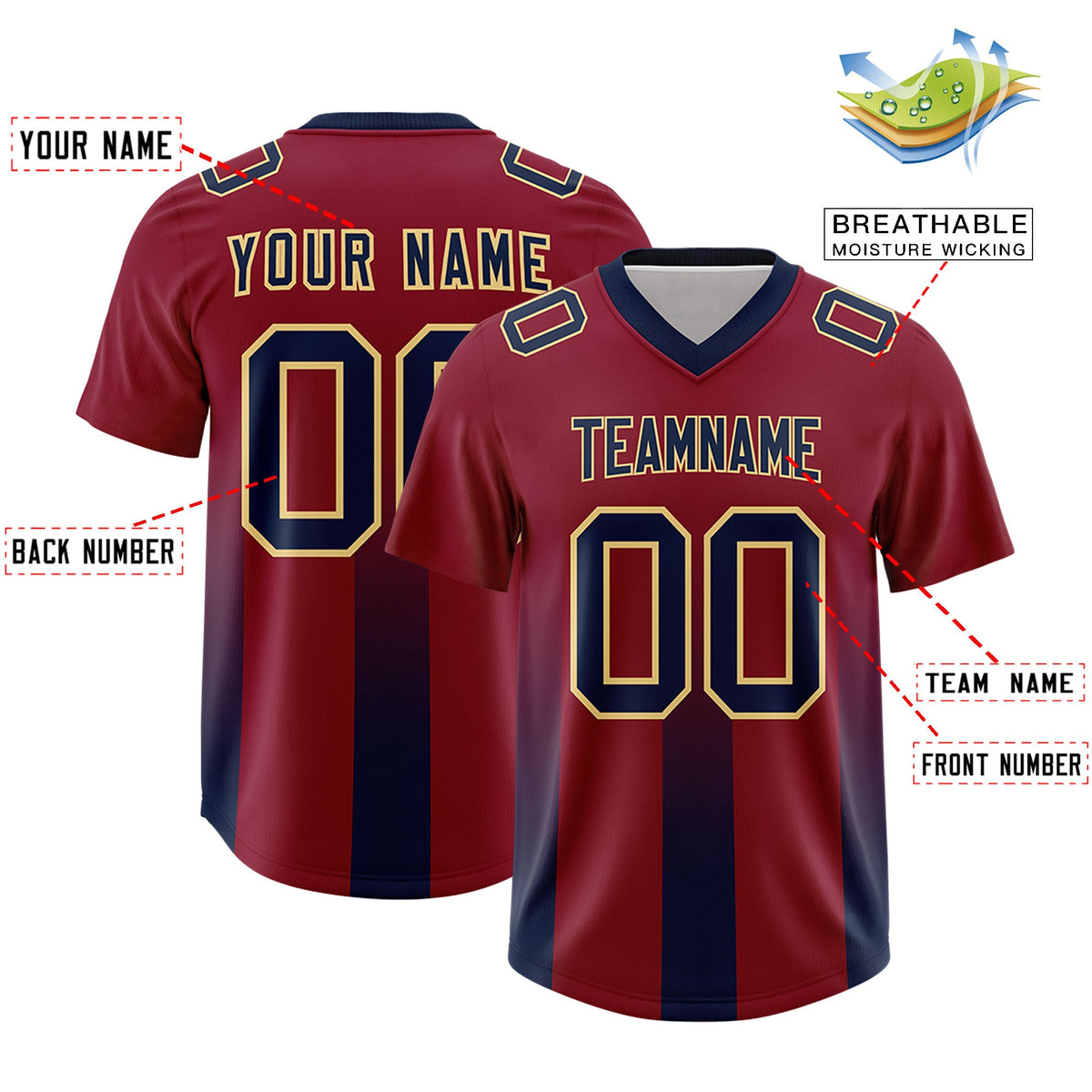 Custom Cardinal Navy Vertical Width Stripe Gradient Fashion Personalized Team American Football Jersey