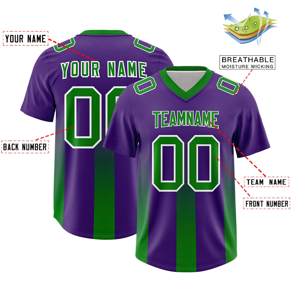 Custom Purple Kelly Green Vertical Width Stripe Gradient Fashion Personalized Team American Football Jersey