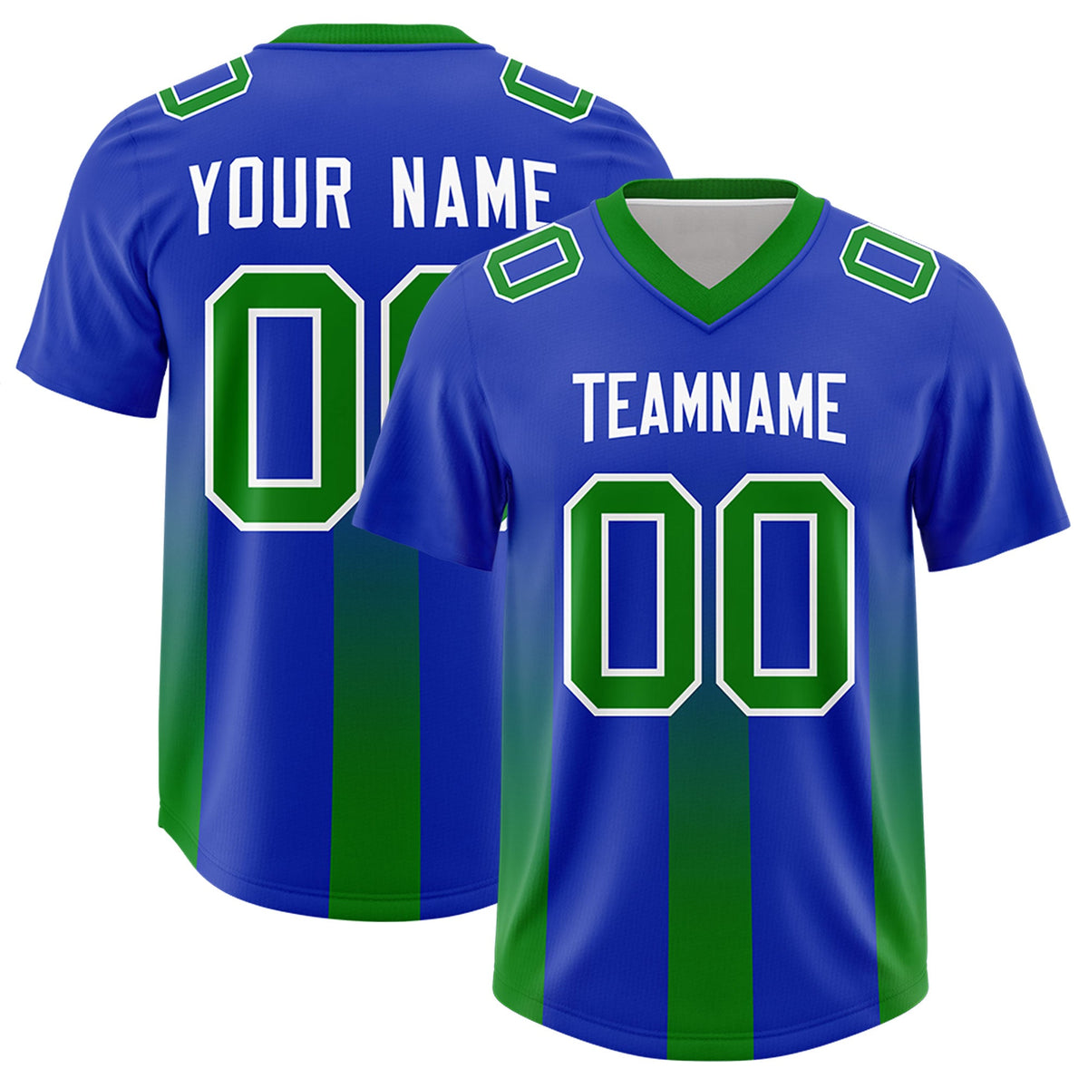 Custom Royal Kelly Green Vertical Width Stripe Gradient Fashion Personalized Team American Football Jersey