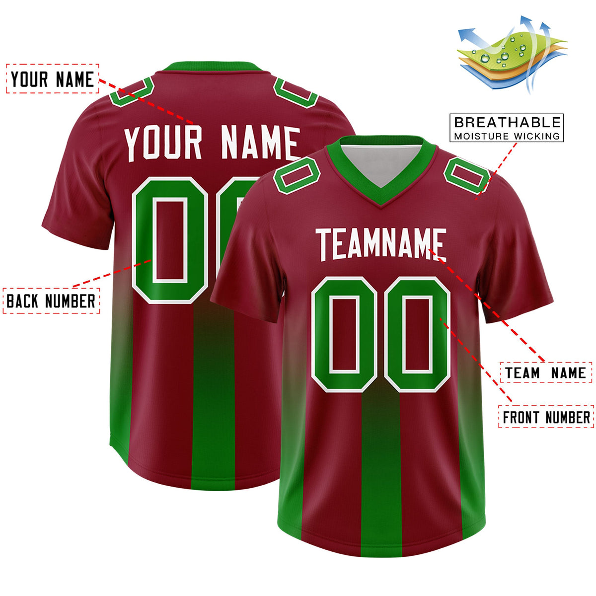 Custom Cardinal Kelly Green Vertical Width Stripe Gradient Fashion Personalized Team American Football Jersey