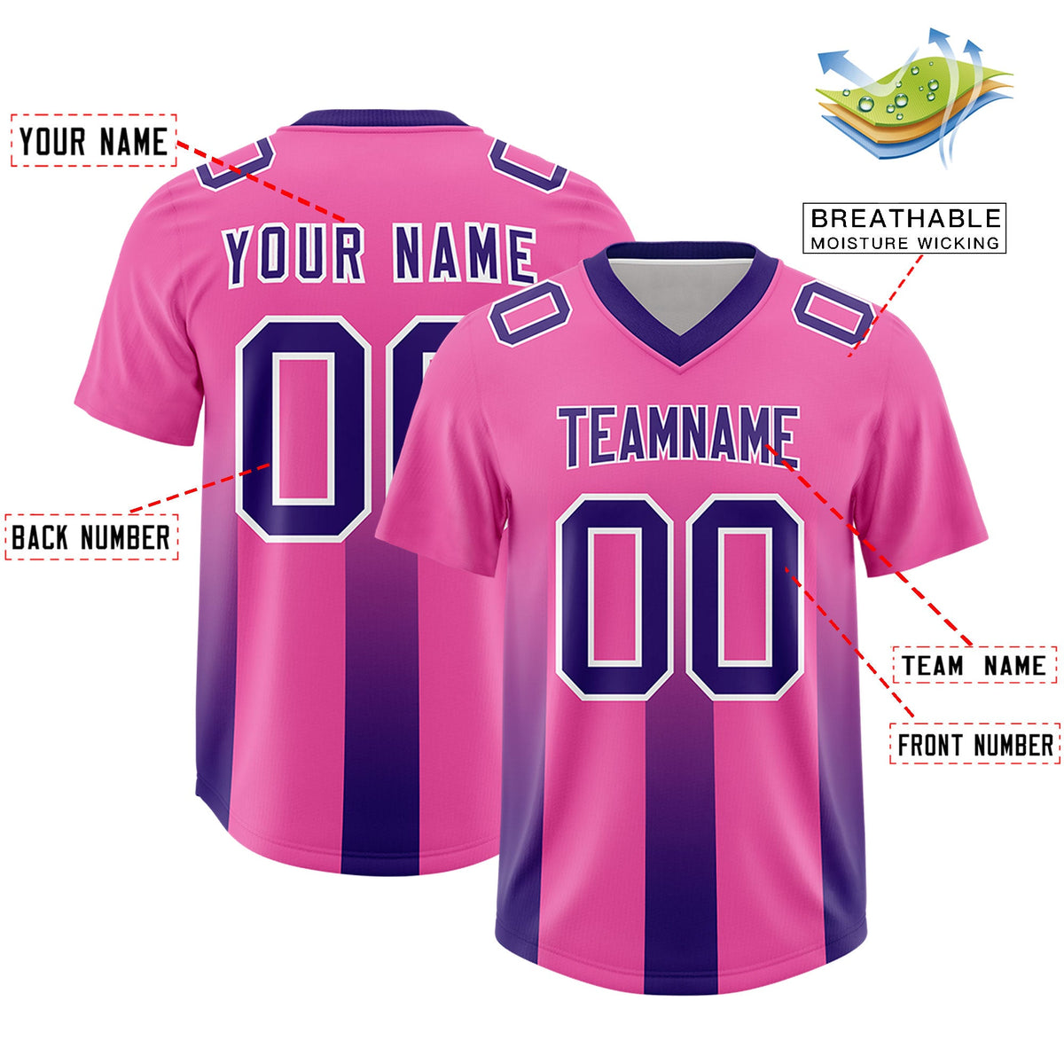 Custom Pink Purple Vertical Width Stripe Gradient Fashion Personalized Team American Football Jersey