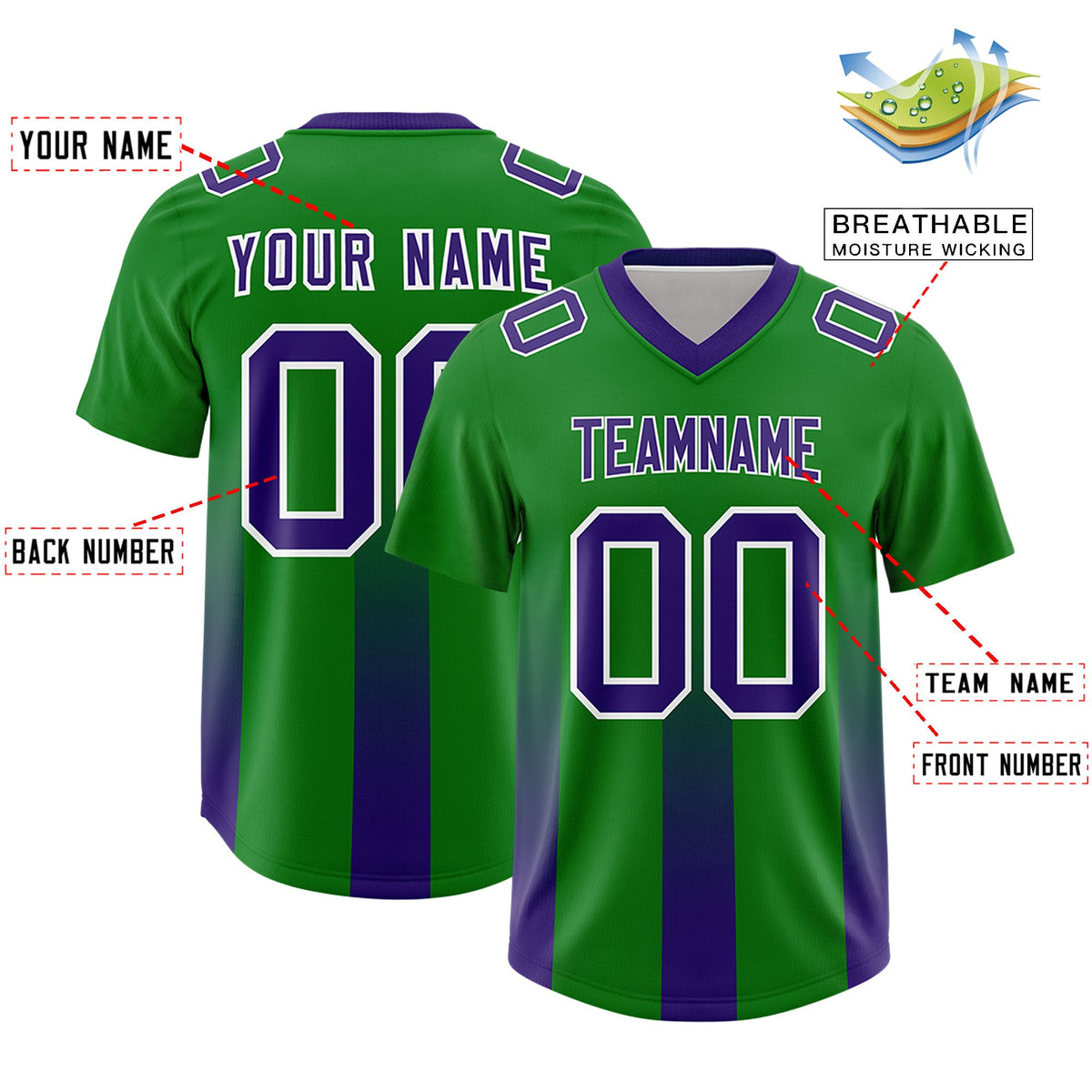 Custom Kelly Green Purple Vertical Width Stripe Gradient Fashion Personalized Team American Football Jersey
