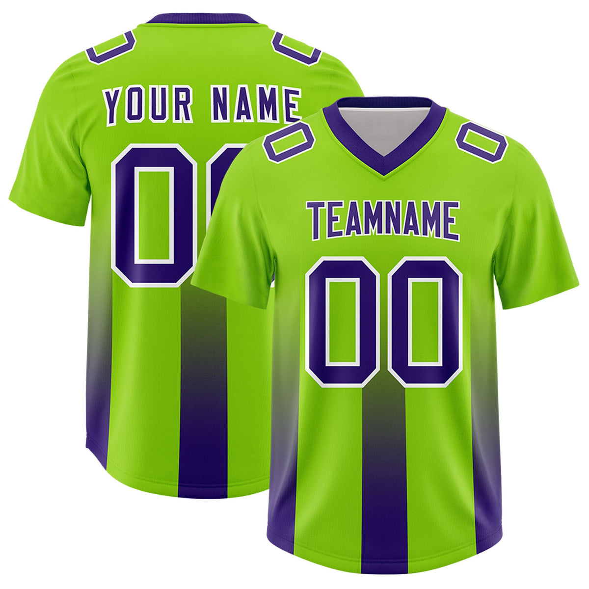 Custom Neon Green Purple Vertical Width Stripe Gradient Fashion Personalized Team American Football Jersey