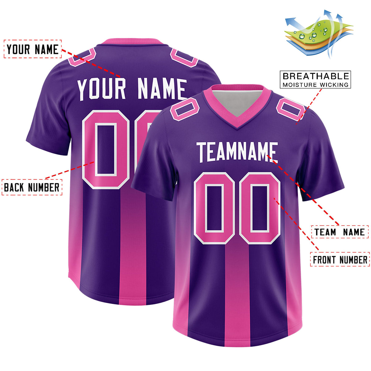 Custom Purple Pink Vertical Width Stripe Gradient Fashion Personalized Team American Football Jersey