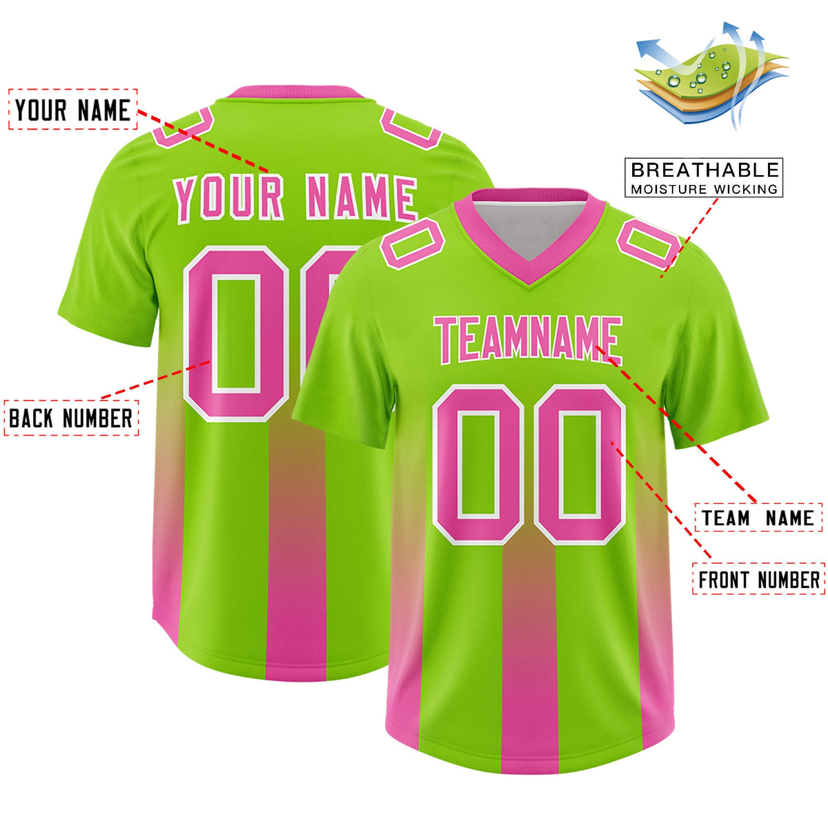 Custom Neon Green Pink Vertical Width Stripe Gradient Fashion Personalized Team American Football Jersey