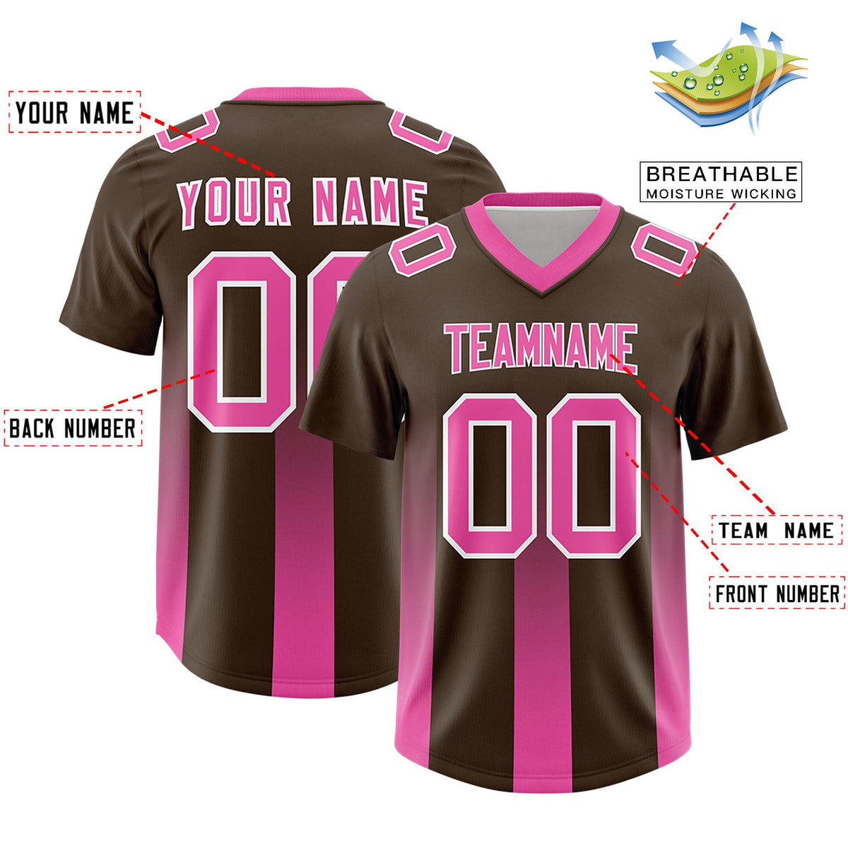 Custom Brown Pink Vertical Width Stripe Gradient Fashion Personalized Team American Football Jersey