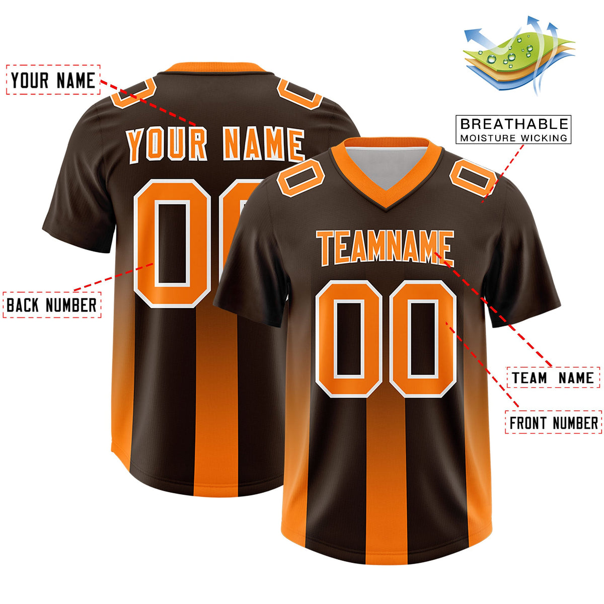 Custom Brown Orange Vertical Width Stripe Gradient Fashion Personalized Team American Football Jersey