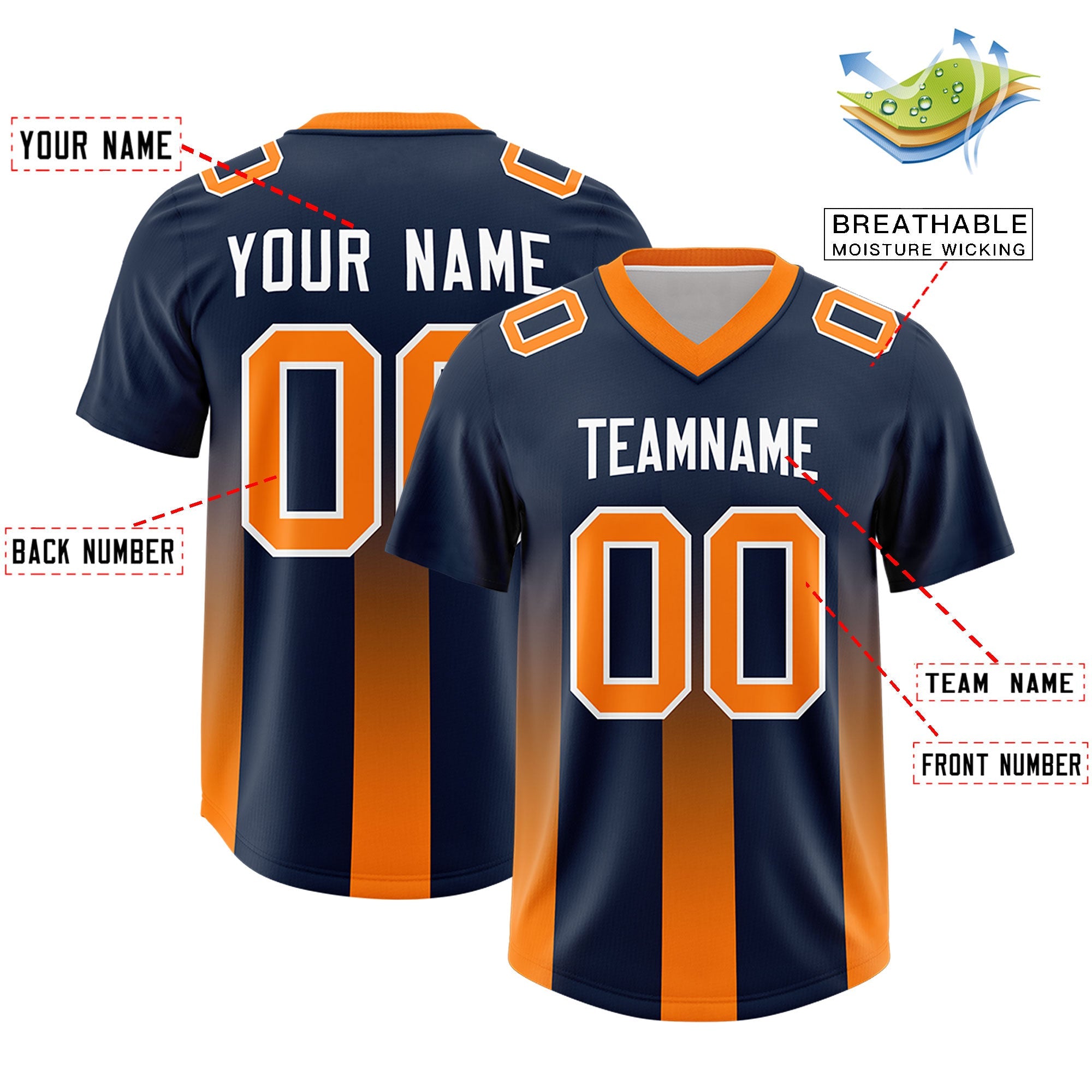 Custom Navy Orange Vertical Width Stripe Gradient Fashion Personalized Team American Football Jersey