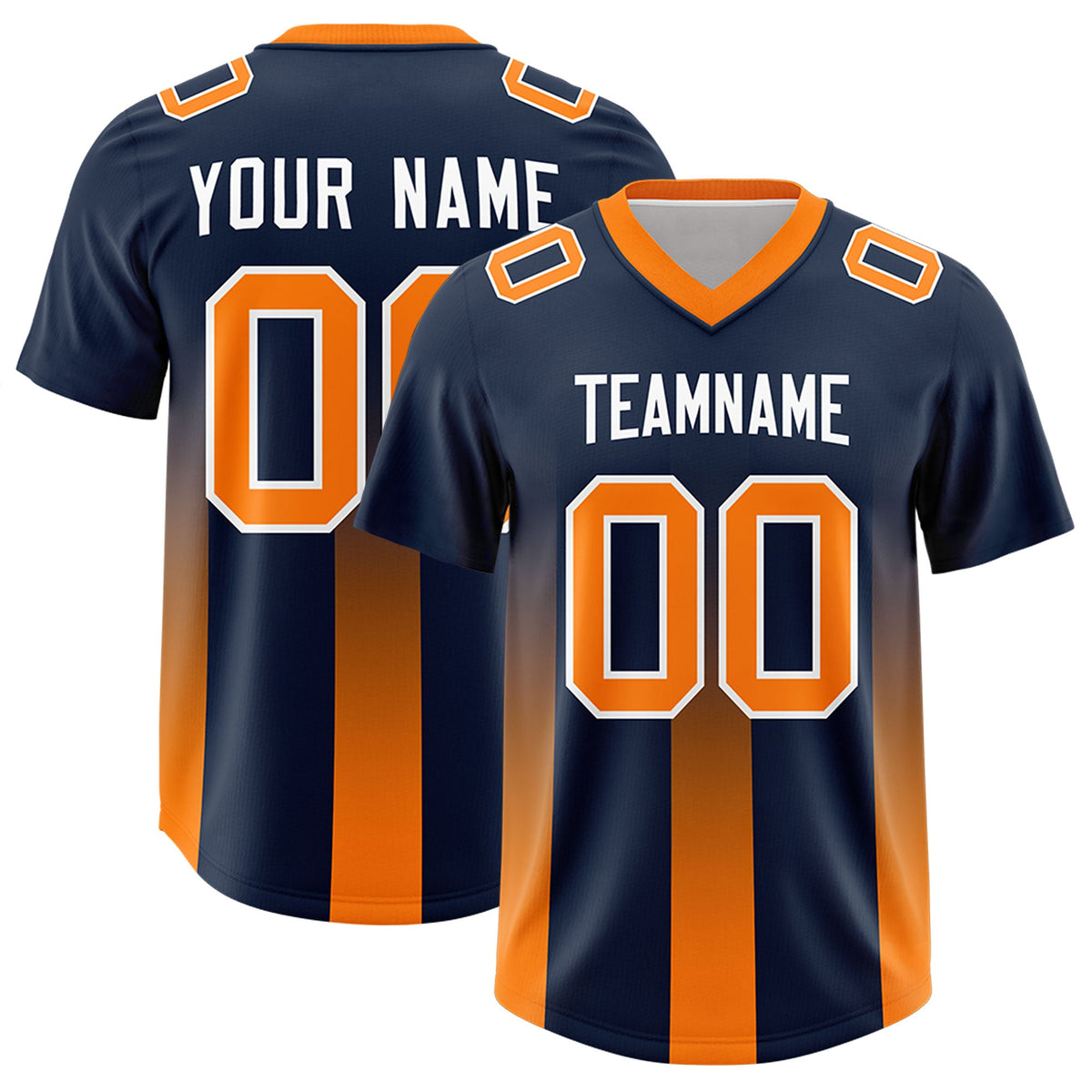 Custom Navy Orange Vertical Width Stripe Gradient Fashion Personalized Team American Football Jersey