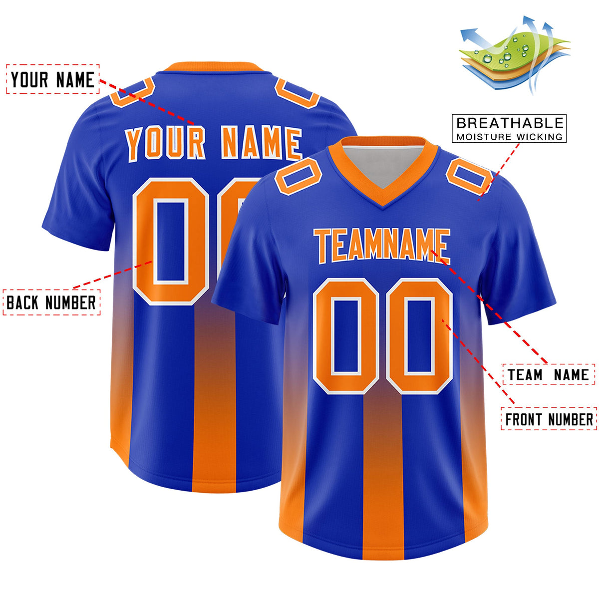 Custom Royal Orange Vertical Width Stripe Gradient Fashion Personalized Team American Football Jersey