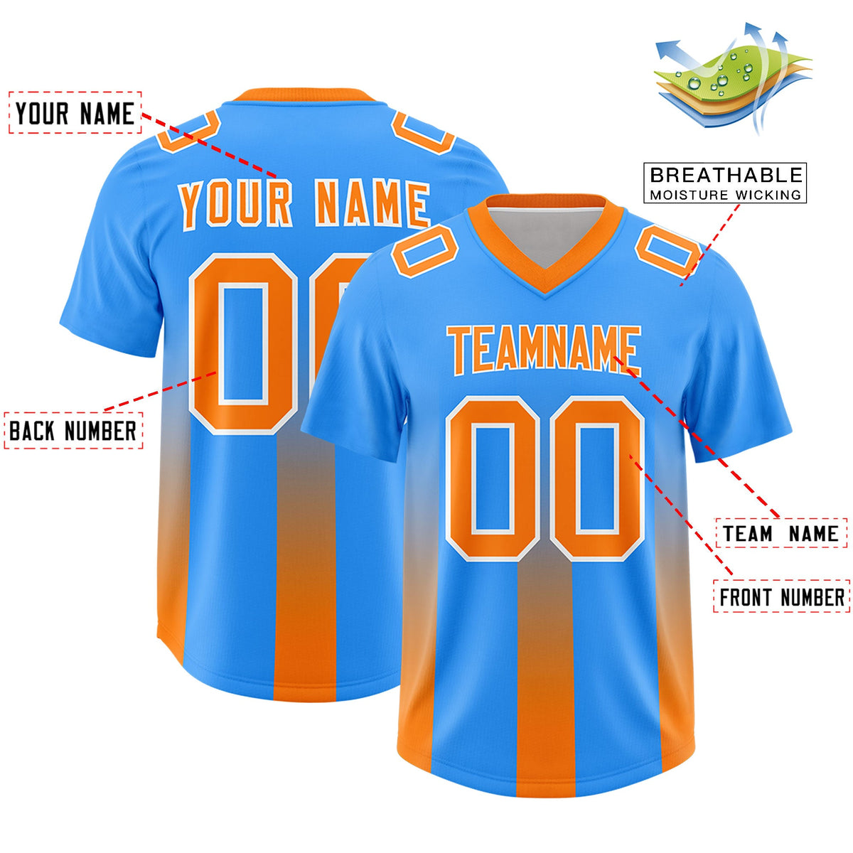 Custom Light Blue Orange Vertical Width Stripe Gradient Fashion Personalized Team American Football Jersey