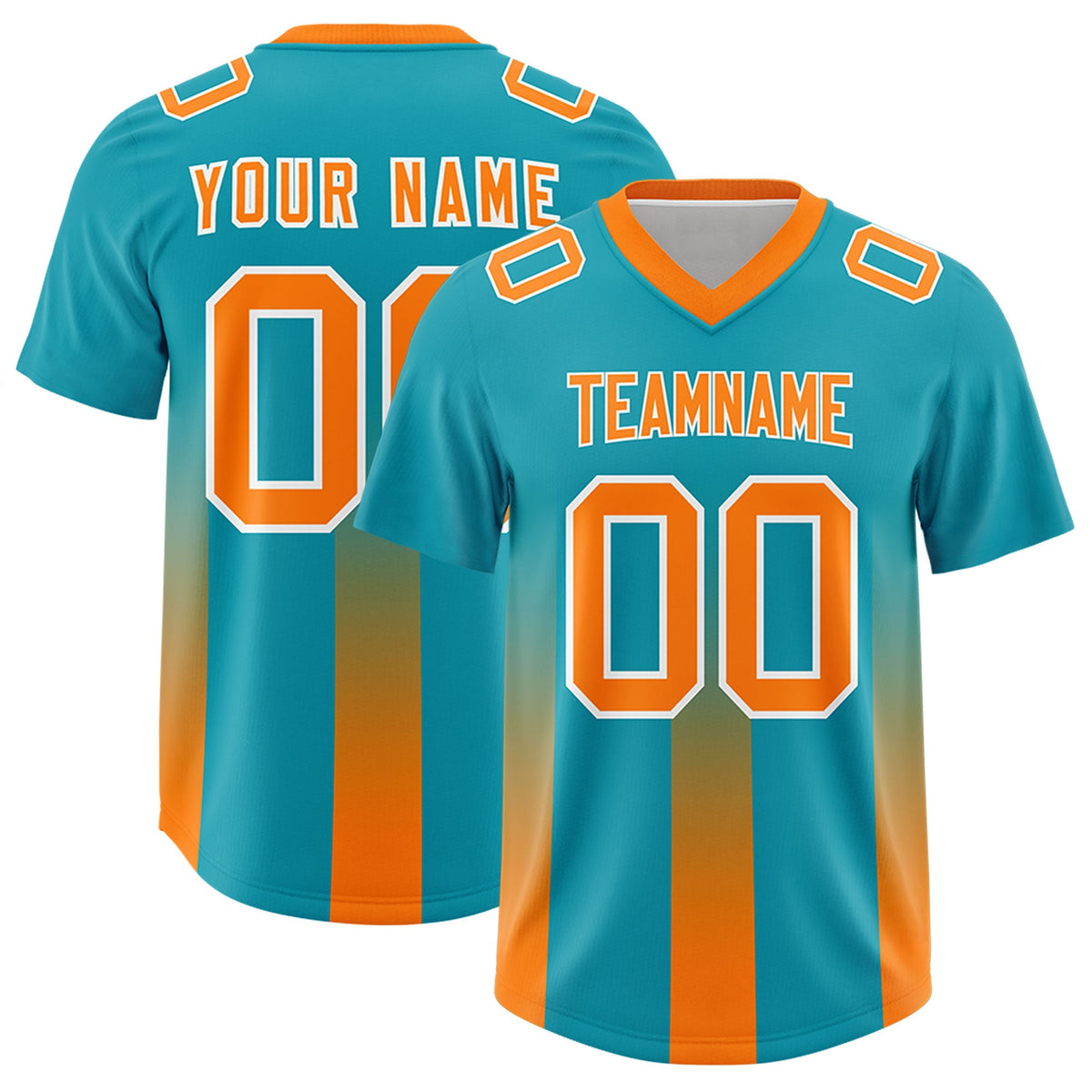Custom Aqua Orange Vertical Width Stripe Gradient Fashion Personalized Team American Football Jersey