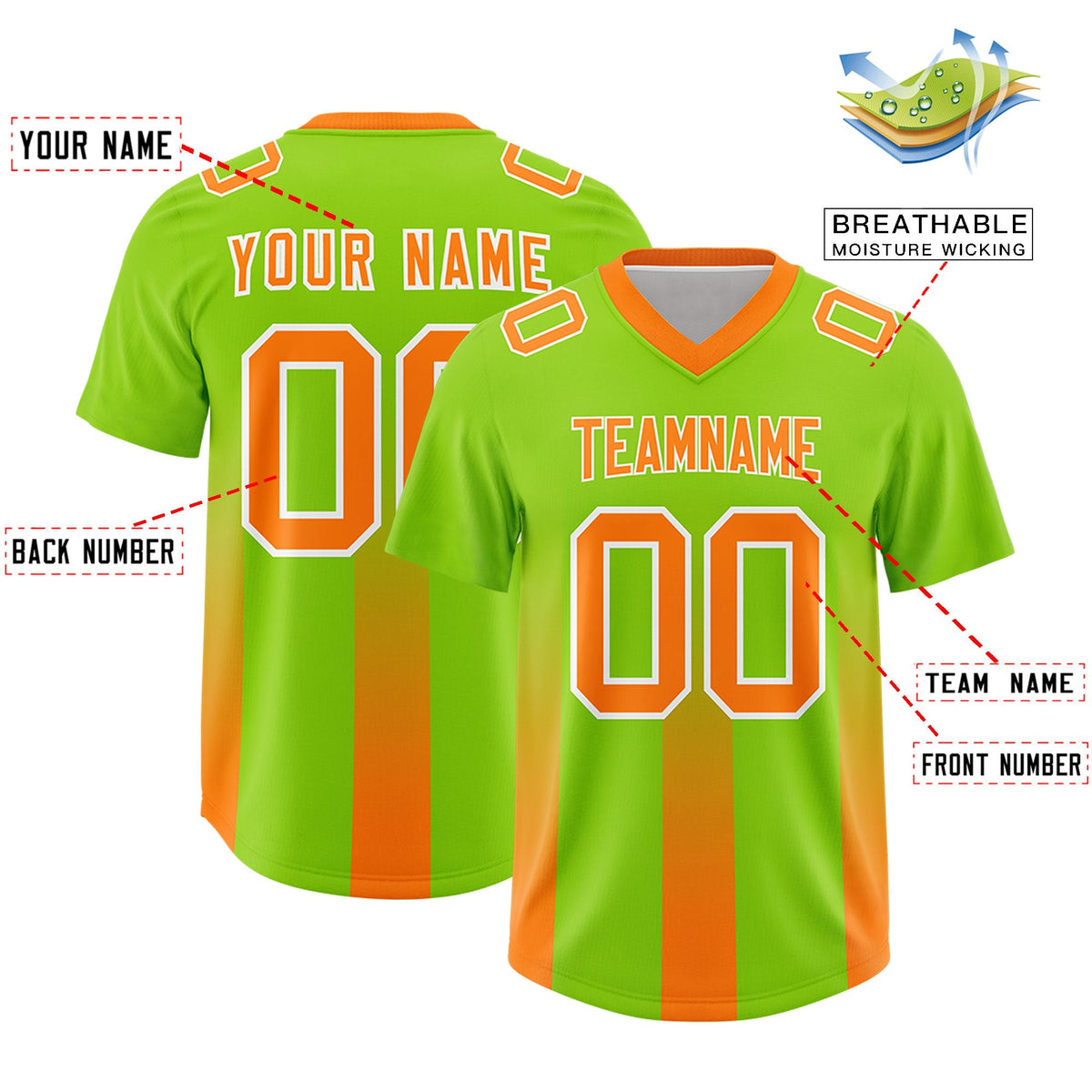 Custom Neon Green Orange Vertical Width Stripe Gradient Fashion Personalized Team American Football Jersey