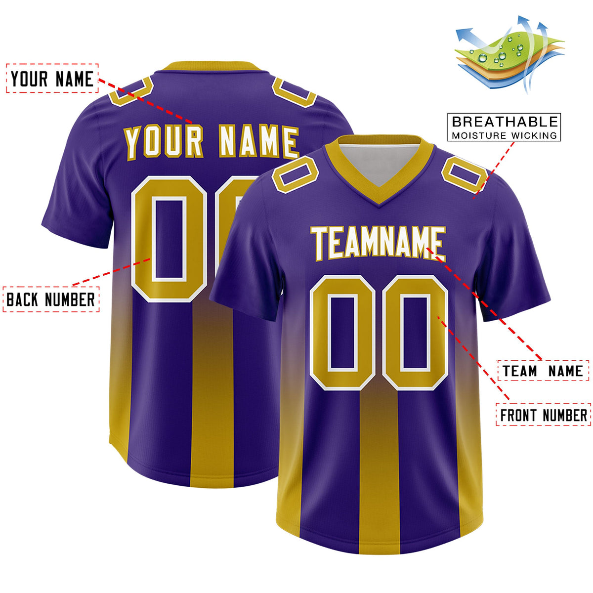 Custom Purple Old Gold Vertical Width Stripe Gradient Fashion Personalized Team American Football Jersey