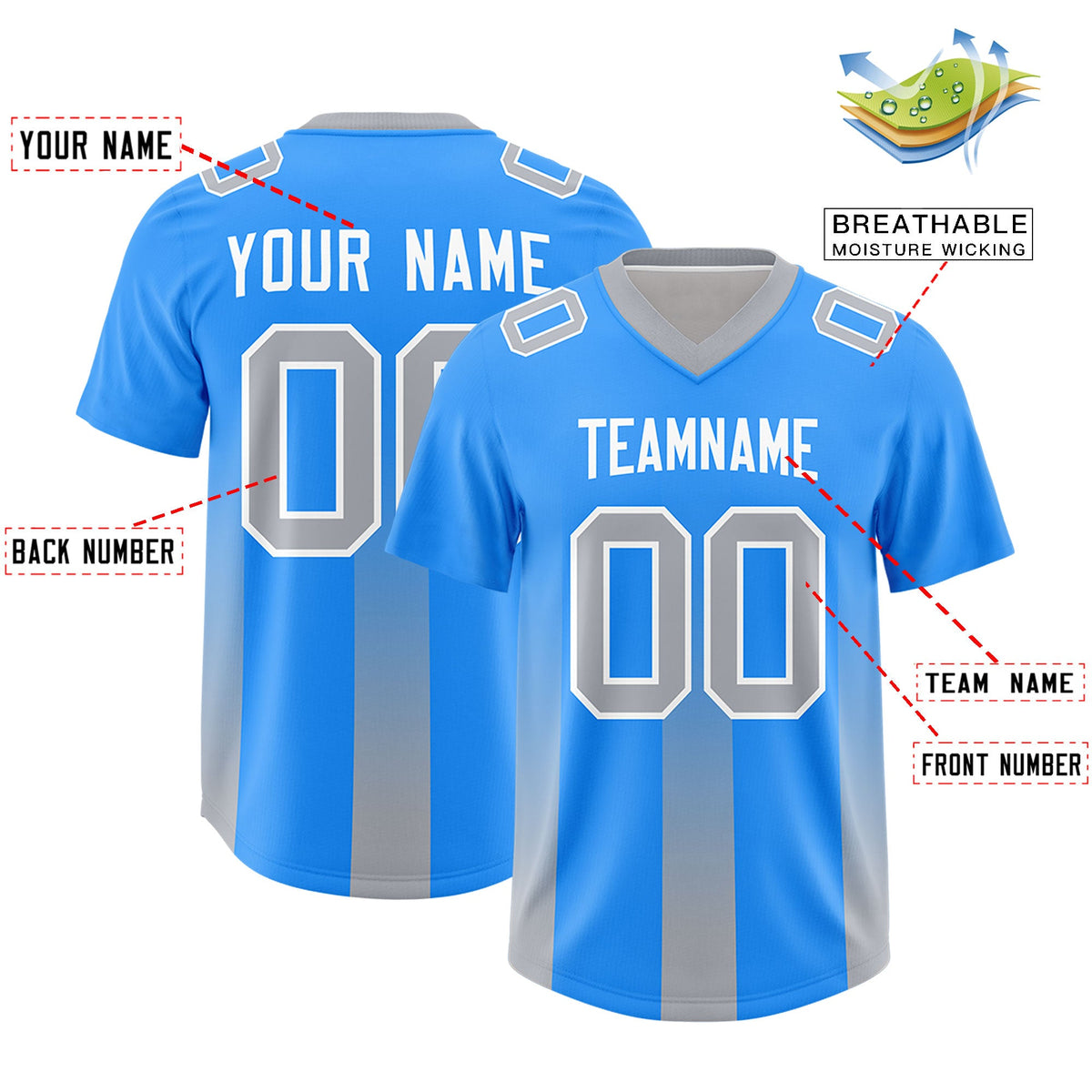 Custom Light Blue Gray Vertical Width Stripe Gradient Fashion Personalized Team American Football Jersey