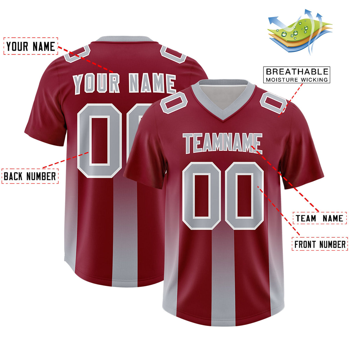 Custom Cardinal Gray Vertical Width Stripe Gradient Fashion Personalized Team American Football Jersey