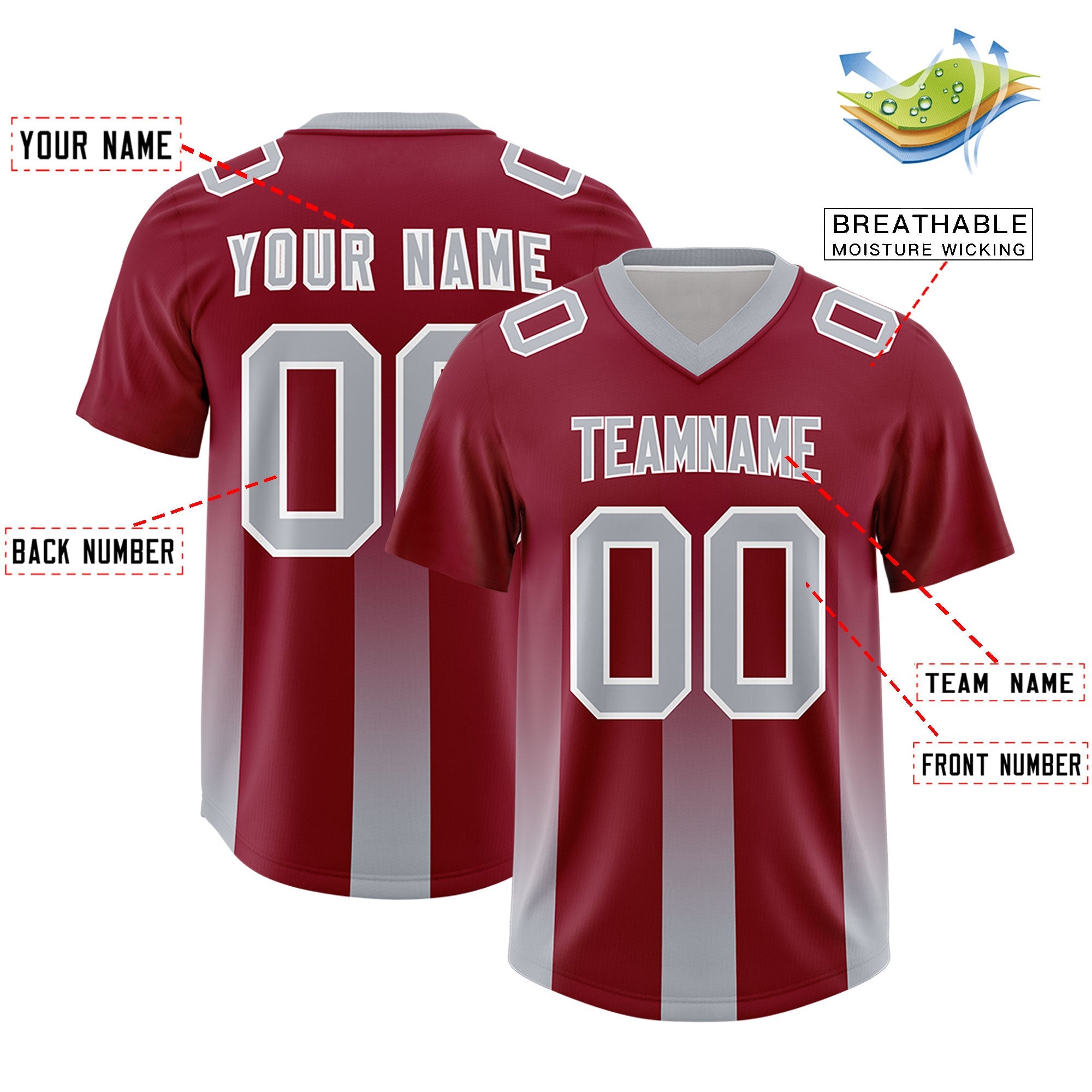 Custom Cardinal Gray Vertical Width Stripe Gradient Fashion Personalized Team American Football Jersey