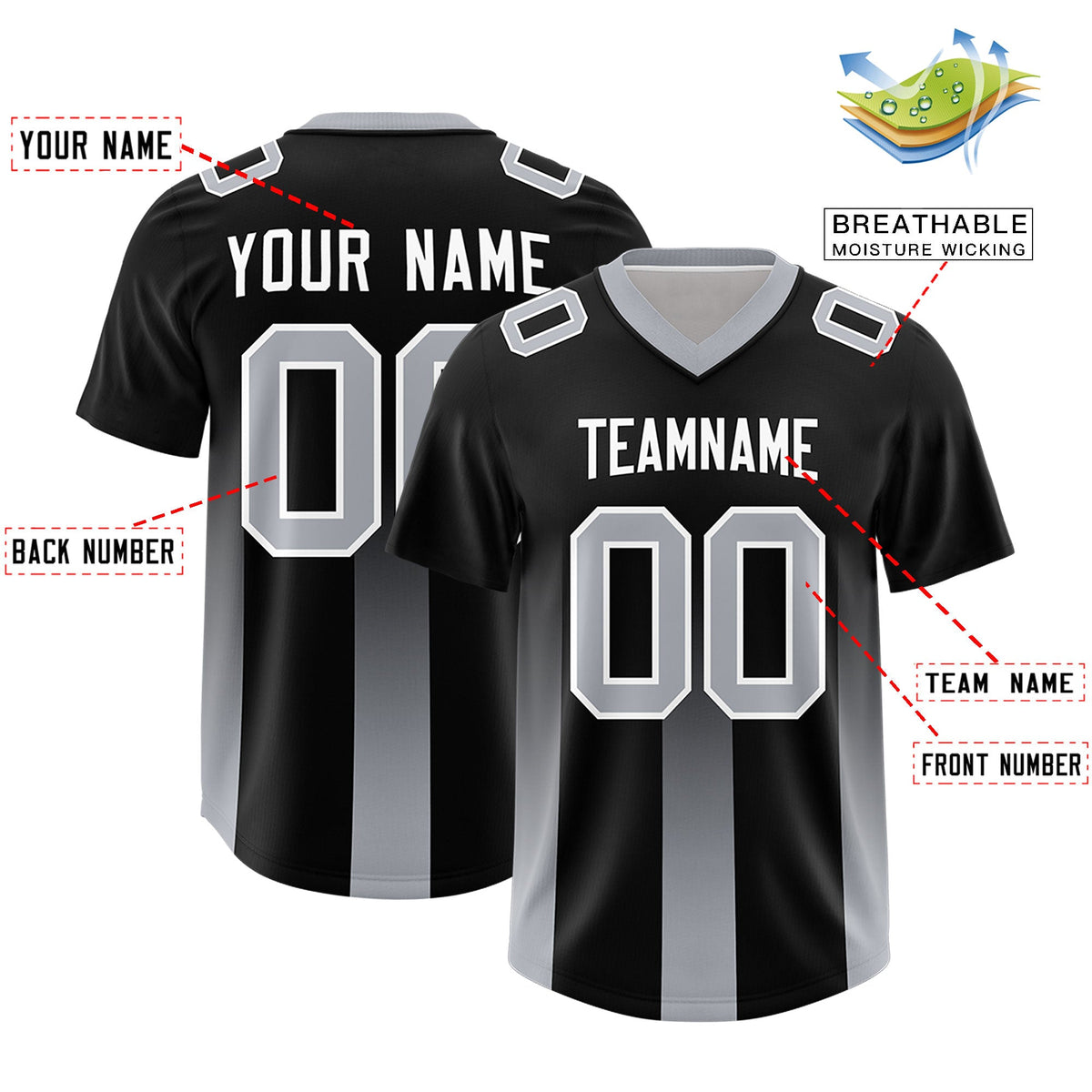 Custom Black Gray Vertical Width Stripe Gradient Fashion Personalized Team American Football Jersey