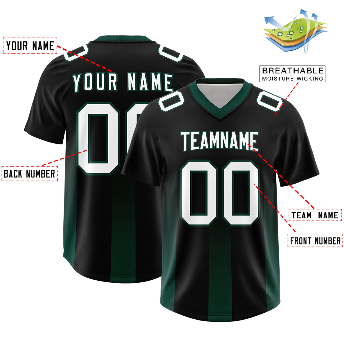 Custom Black Midnight Green Vertical Width Stripe Gradient Fashion Personalized Team American Football Jersey