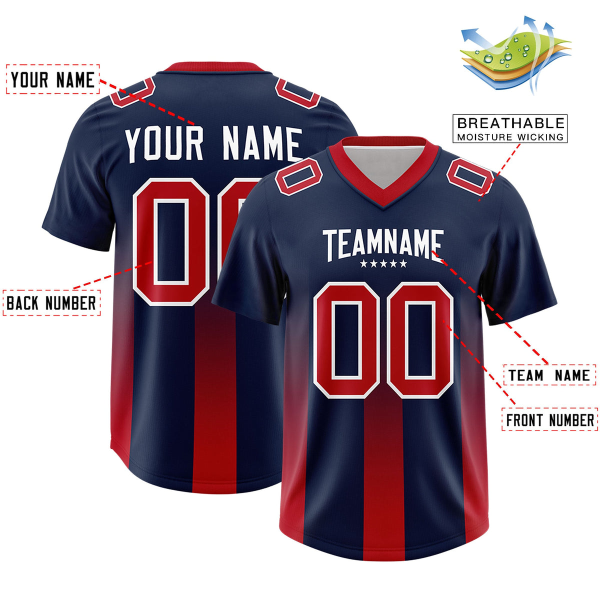 Custom Navy Red Vertical Width Stripe Gradient Fashion Personalized Team American Football Jersey