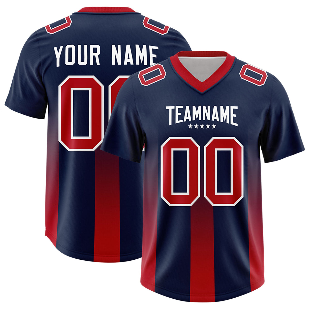 Custom Navy Red Vertical Width Stripe Gradient Fashion Personalized Team American Football Jersey