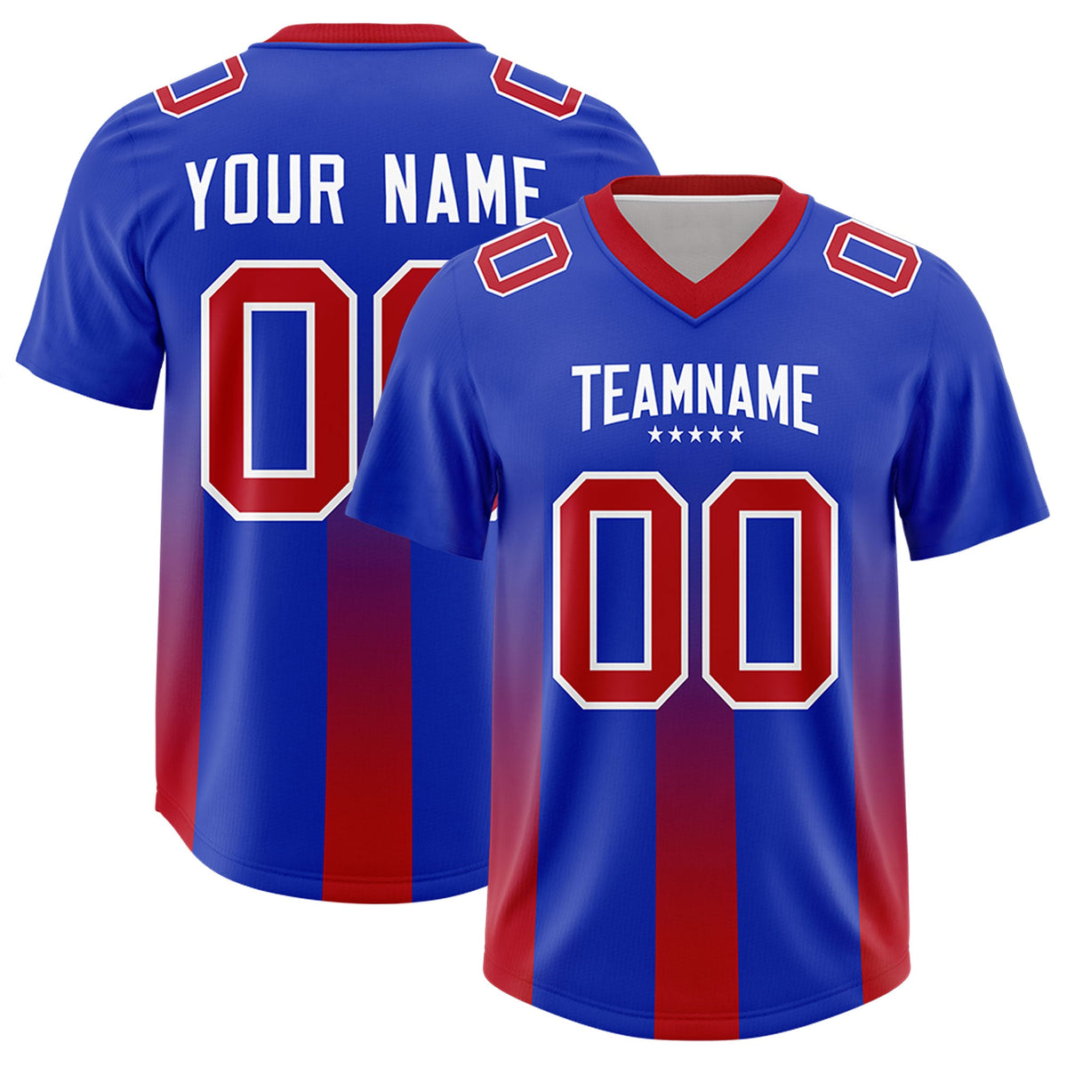 Custom Royal Red Vertical Width Stripe Gradient Fashion Personalized Team American Football Jersey