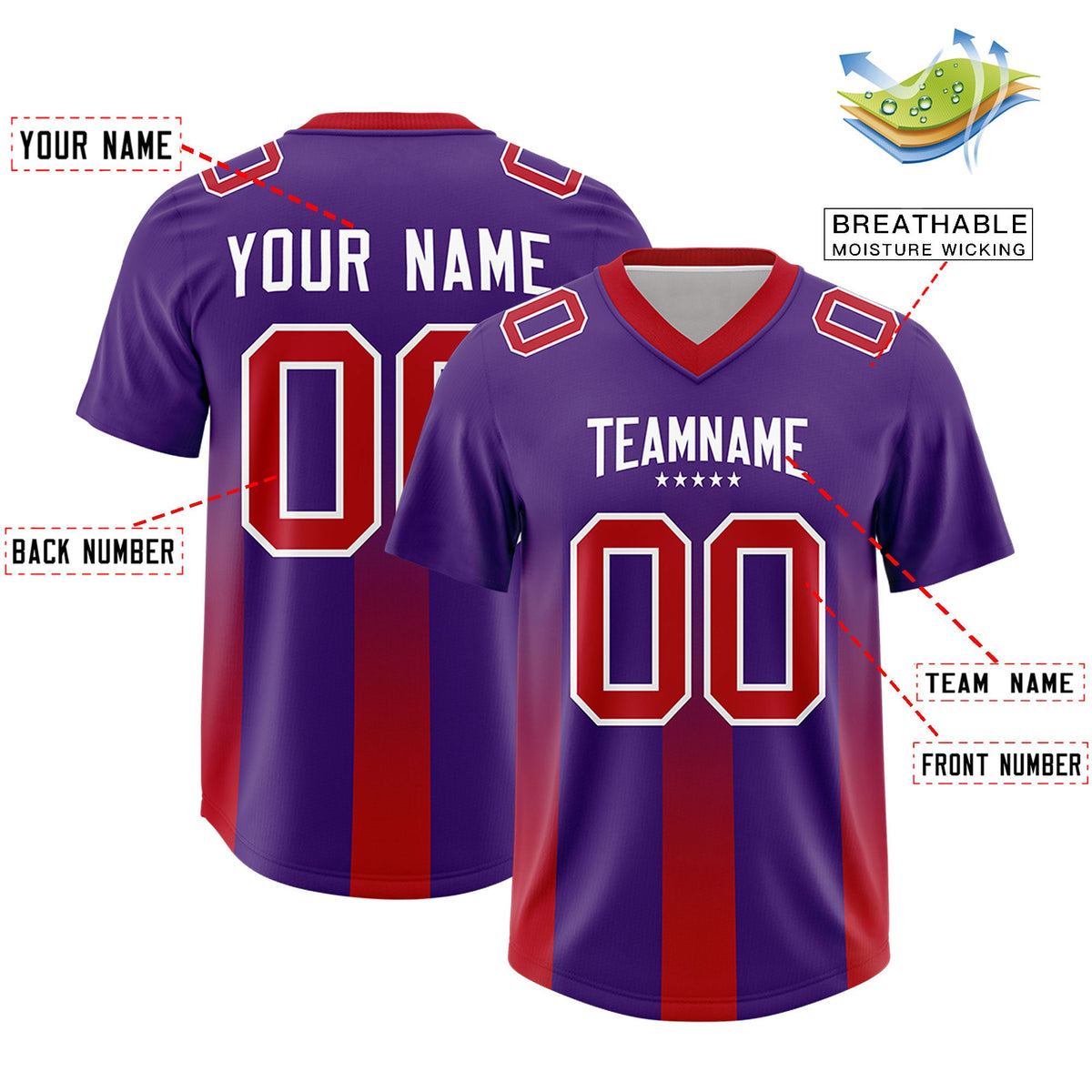 Custom Purple Red Vertical Width Stripe Gradient Fashion Personalized Team American Football Jersey