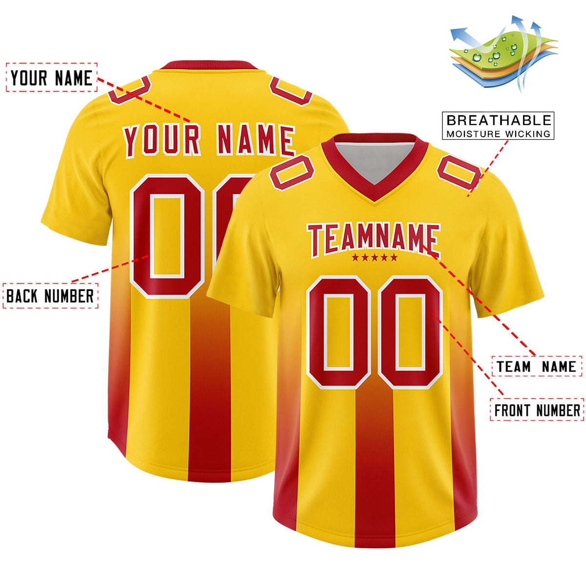 Custom Yellow Red Vertical Width Stripe Gradient Fashion Personalized Team American Football Jersey