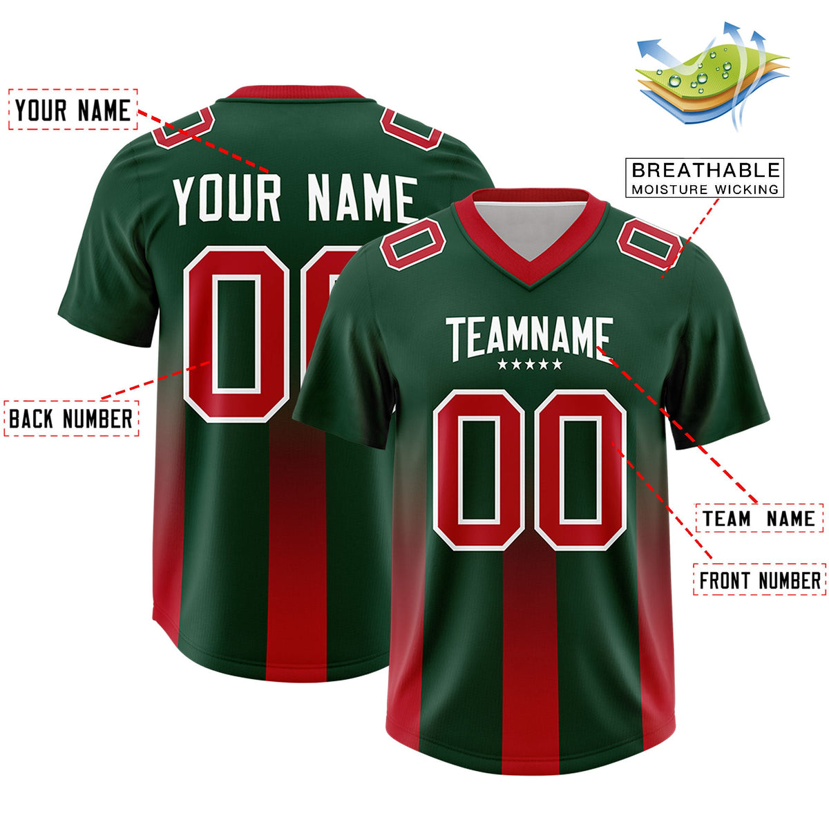 Custom Green Red Vertical Width Stripe Gradient Fashion Personalized Team American Football Jersey
