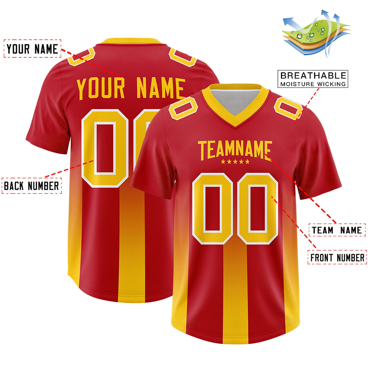 Custom Red Yellow Vertical Width Stripe Gradient Fashion Personalized Team American Football Jersey