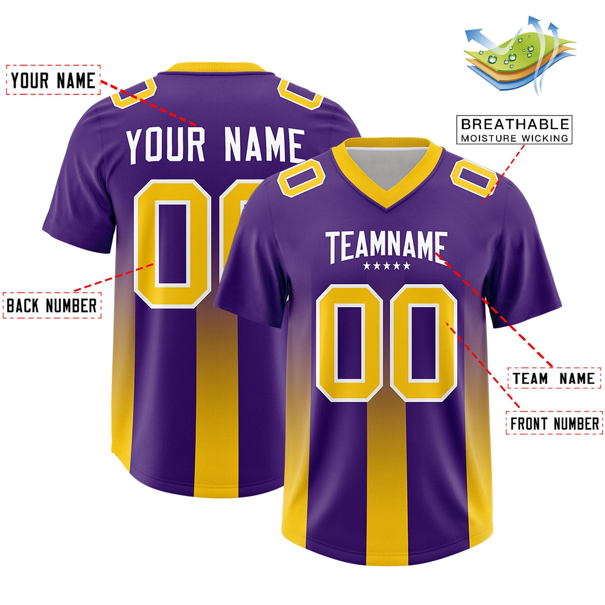 Custom Purple Yellow Vertical Width Stripe Gradient Fashion Personalized Team American Football Jersey