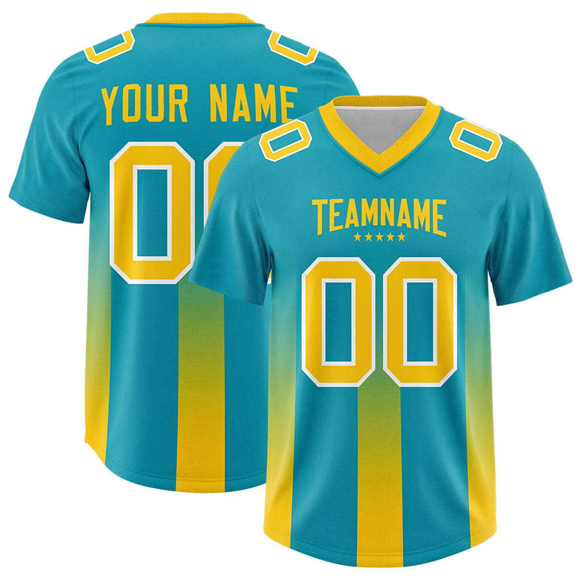 Custom Aqua Yellow Vertical Width Stripe Gradient Fashion Personalized Team American Football Jersey