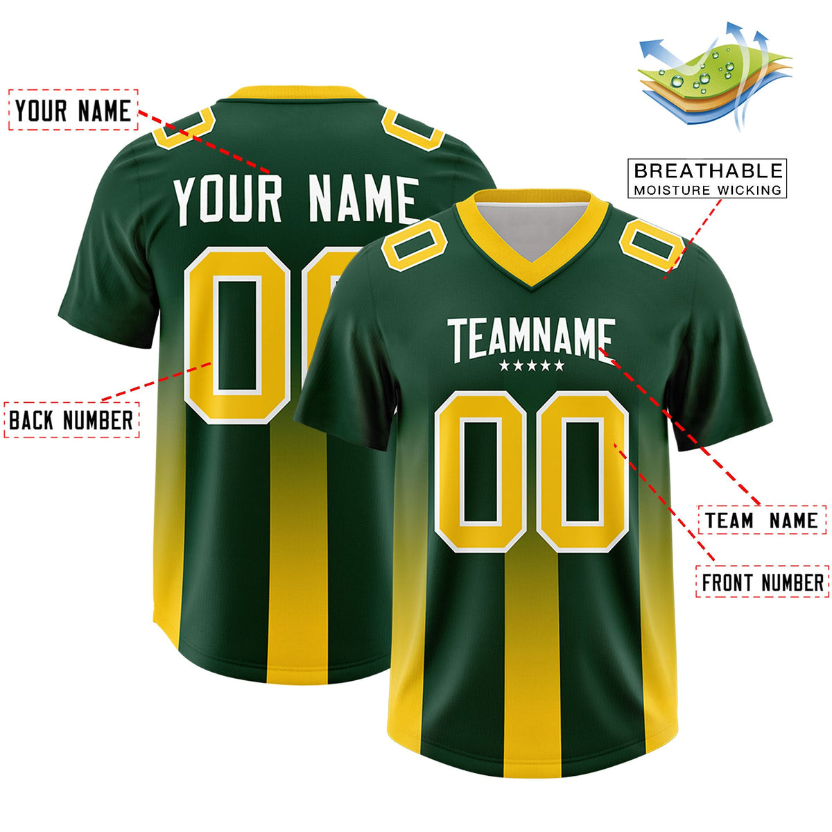 Custom Green Yellow Vertical Width Stripe Gradient Fashion Personalized Team American Football Jersey