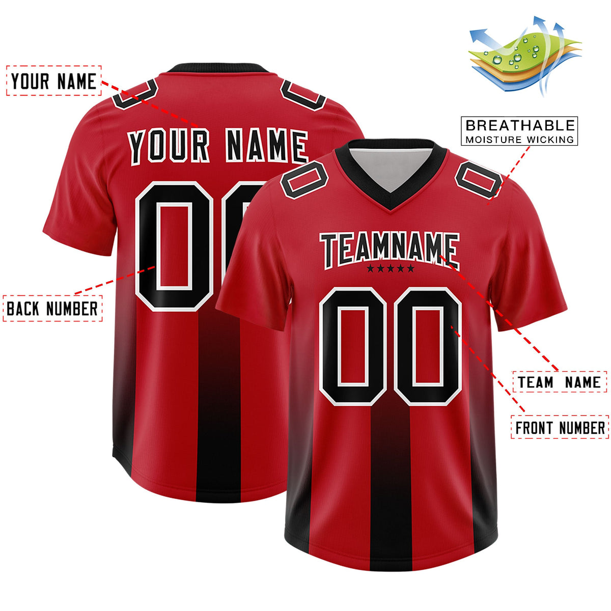 Custom Red Black Vertical Width Stripe Gradient Fashion Personalized Team American Football Jersey