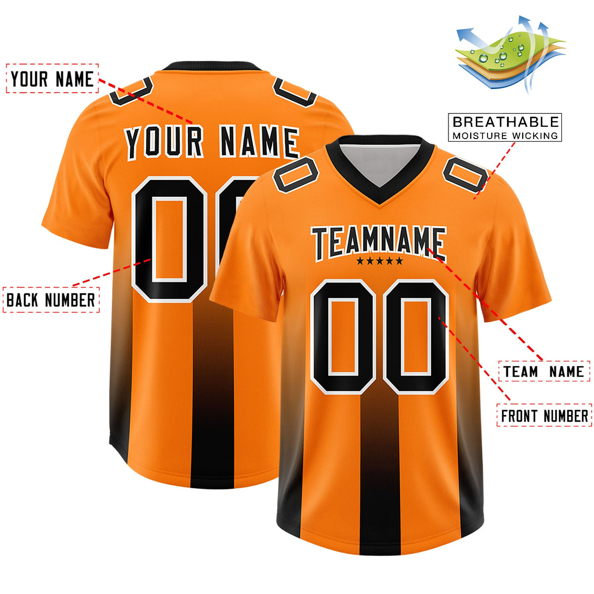 Custom Orange Black Vertical Width Stripe Gradient Fashion Personalized Team American Football Jersey