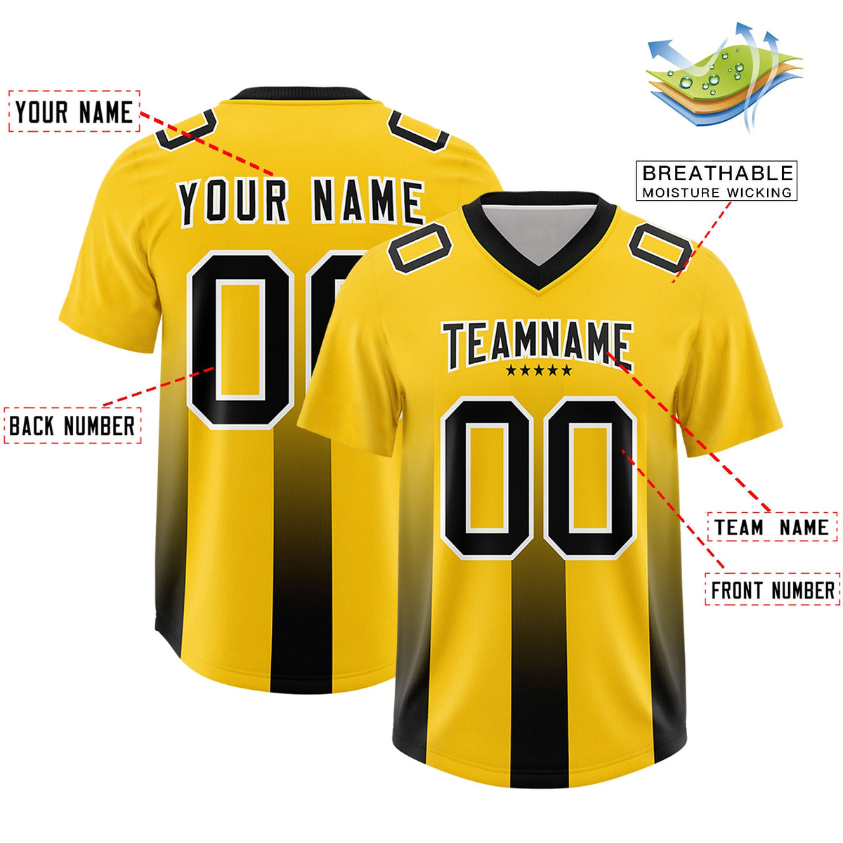 Custom Yellow Black Vertical Width Stripe Gradient Fashion Personalized Team American Football Jersey