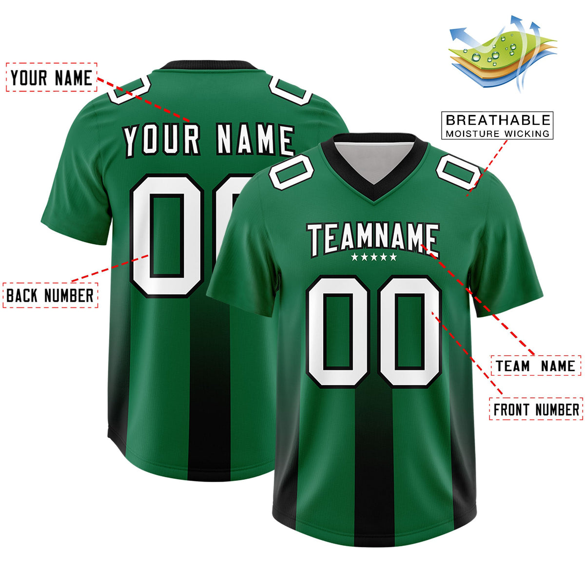 Custom Kelly Green Black Vertical Width Stripe Gradient Fashion Personalized Team American Football Jersey