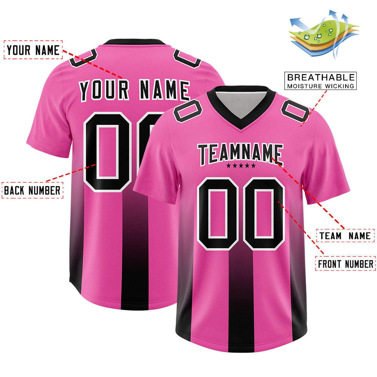 Custom Pink Black Vertical Width Stripe Gradient Fashion Personalized Team American Football Jersey