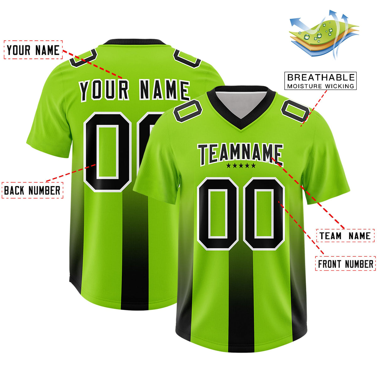 Custom Neon Green Black Vertical Width Stripe Gradient Fashion Personalized Team American Football Jersey