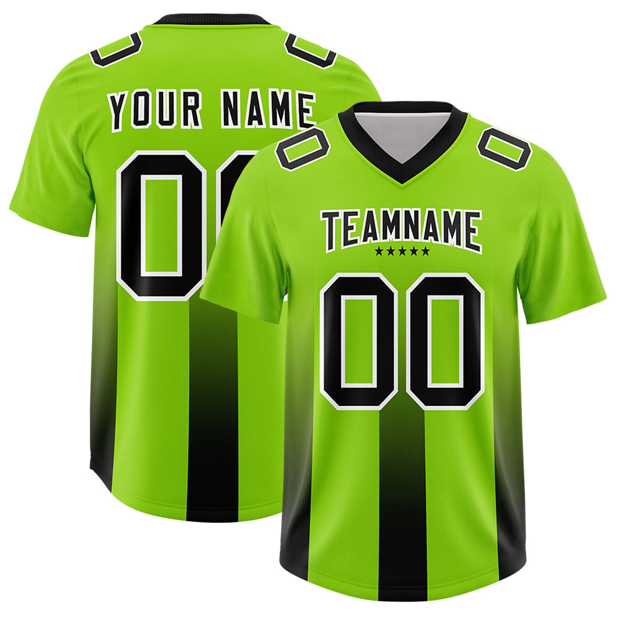 Custom Neon Green Black Vertical Width Stripe Gradient Fashion Personalized Team American Football Jersey