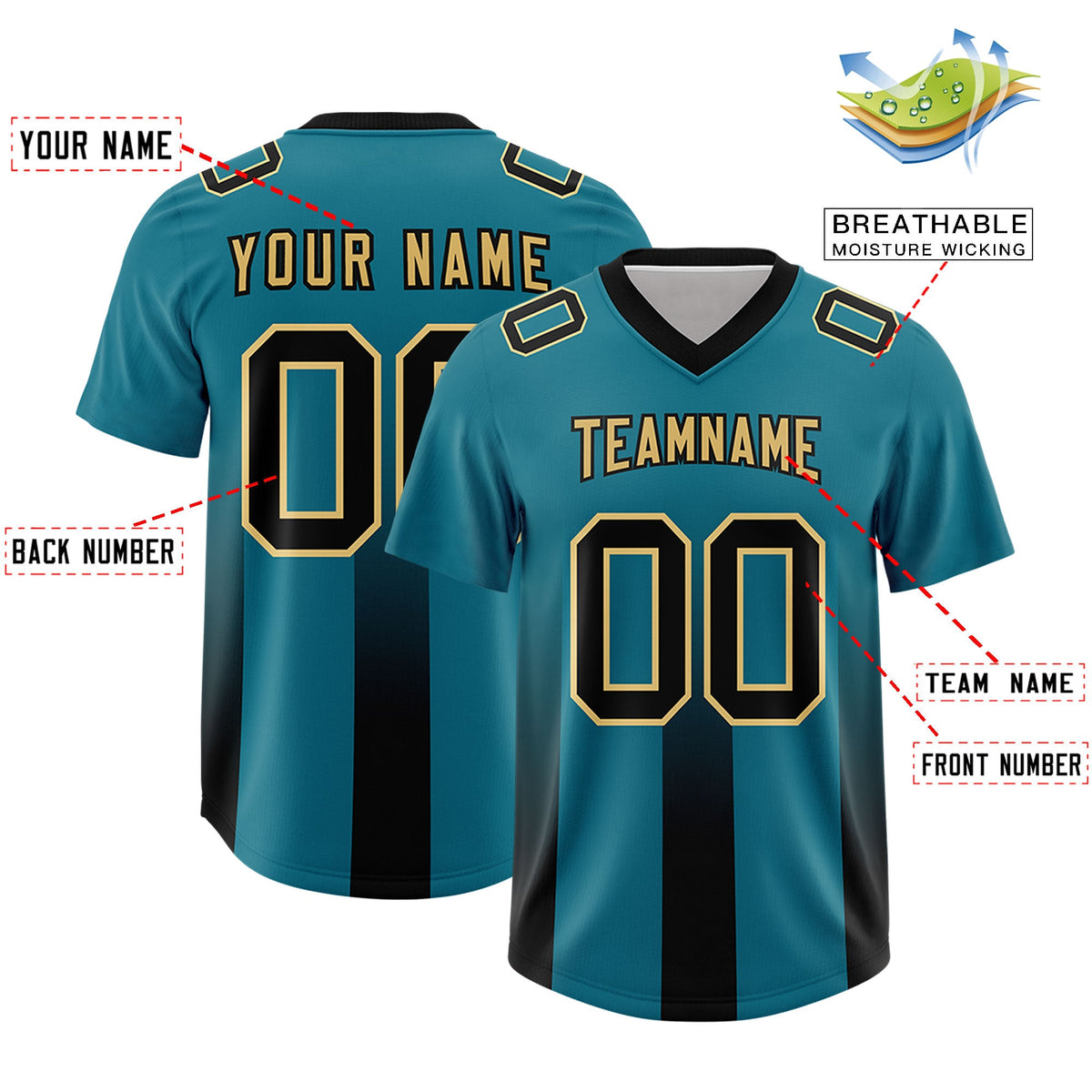 Custom Aqua Black Vertical Width Stripe Gradient Fashion Personalized Team American Football Jersey