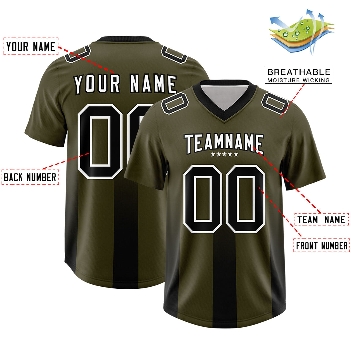 Custom Olive Black Vertical Width Stripe Gradient Fashion Personalized Team American Football Jersey