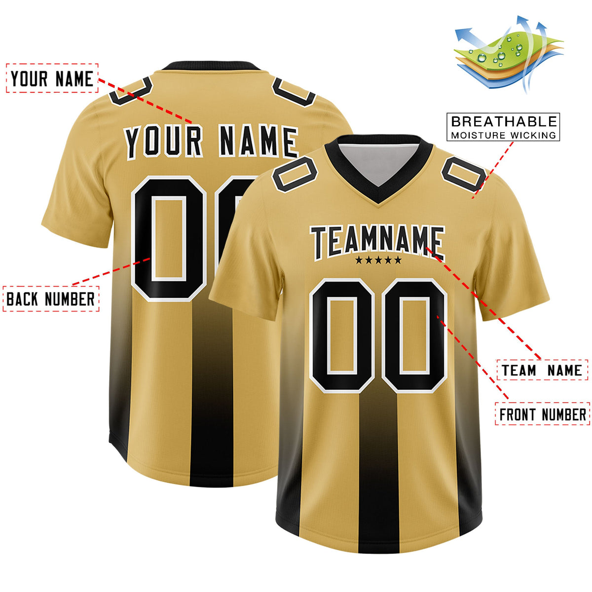 Custom Khaki Black Vertical Width Stripe Gradient Fashion Personalized Team American Football Jersey